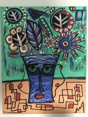 an acrylic painting of a flowerpot with a face, and flowers inside