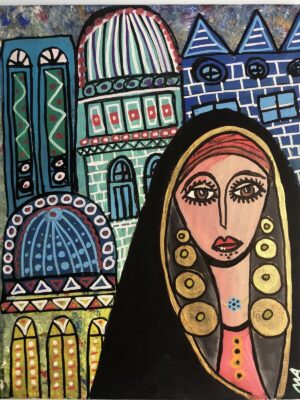 A painting of An Arabic Woman Infront of Bagdad by Mustafa