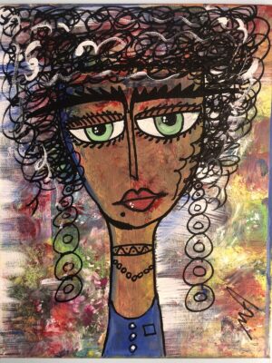 An abstract arcylic painting of a curly hair woman by Mustafa Ameen