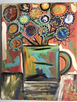 an abstract painting of a flowerpot with flowers inside by Mustafa Ameen